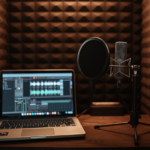 graphic showing a voiceover booth with laptop and microphone-5 Time Management Tricks I Use to Juggle Business, Family, and Self-Care (Without Losing My Mind)