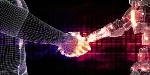 Illustration showing collaboration between humans and AI technology