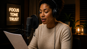 Professional voice actor recording in a home studio with warm lighting and focused expression