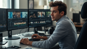 Video producer working across multiple screens managing editing timelines and project workflow