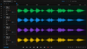 Audio editing screen showing multiple voiceover takes with waveform variations