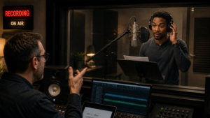 Voice actor recording in a studio booth while sound engineer provides direction from control room