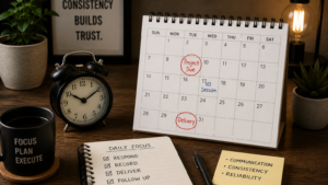 Clean workspace with calendar and notes representing consistency, deadlines, and reliability