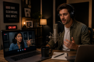 Voice actor in home studio speaking into microphone while receiving live direction over video call