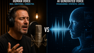 Split image showing human voice actor performance contrasted with AI-generated waveform visualization
