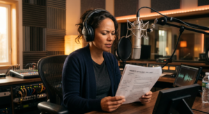 Female voice actor in a professional recording studio reviewing a spec sheet — from Cecil Archbold's voice acting blog Cecil Sez