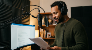Male voice actor at a home studio microphone reviewing a script on a computer monitor, wearing headphonesImage Title: Voice Actor at Home Studio Setup Caption: Most talent sees your specs at the audition — not the session. Write accordingly.