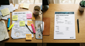 Split image comparing a cluttered chaotic project brief on the left with a clean organized spec sheet on the right.