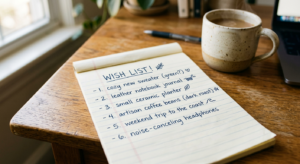 Handwritten wish list on a ruled notepad on a wooden desk with a ceramic coffee mug nearby.