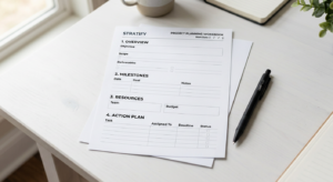 Clean modern document template on a white desk with a pen beside it, overhead angle