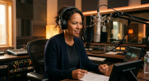 Female voice actor relaxed and confident mid-session in a recording studio — Cecil Archbold on what great voiceover sessions look like