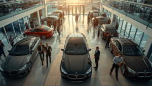 Professional consultative sales environment in semi-busy auto showroom with people engaged in conversation