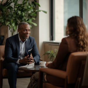 Two professionals in a relaxed meeting, building trust over time