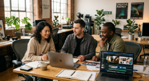 Small creative team collaborating in a modern production environment