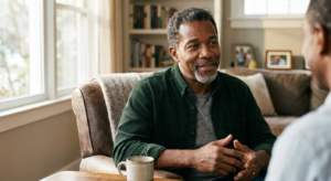 Voice actor in a warm, approachable setting — confident and open