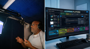 Split image of an eLearning course interface next to a voice actor recording narration