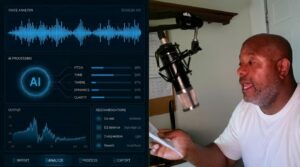Split image comparing an AI voice interface to a human voice actor recording
