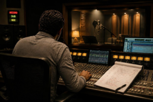 Director at a studio mixing console speaking into the talkback mic, a marked-up script beside him and an empty vocal booth beyond the glass