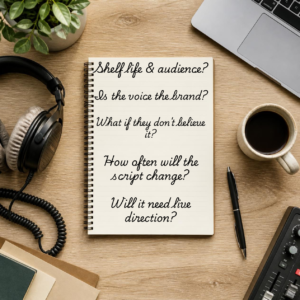 Five-question checklist for choosing between an AI voice and a human voice actor, on a notepad with headphones and coffee