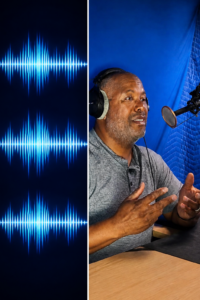 Split image of identical AI audio waveforms beside Cecil Archbold gesturing mid-performance at a studio microphone