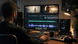 Producer at an editing workstation comparing an AI scratch track and a final voiceover track on a timeline