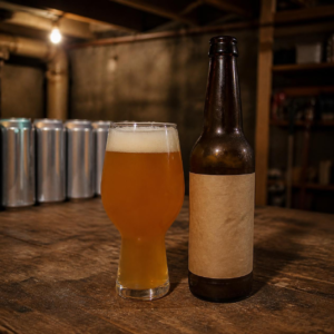 A glass of craft homebrew beside a hand-labeled bottle, with a row of identical mass-produced beer cans in the background